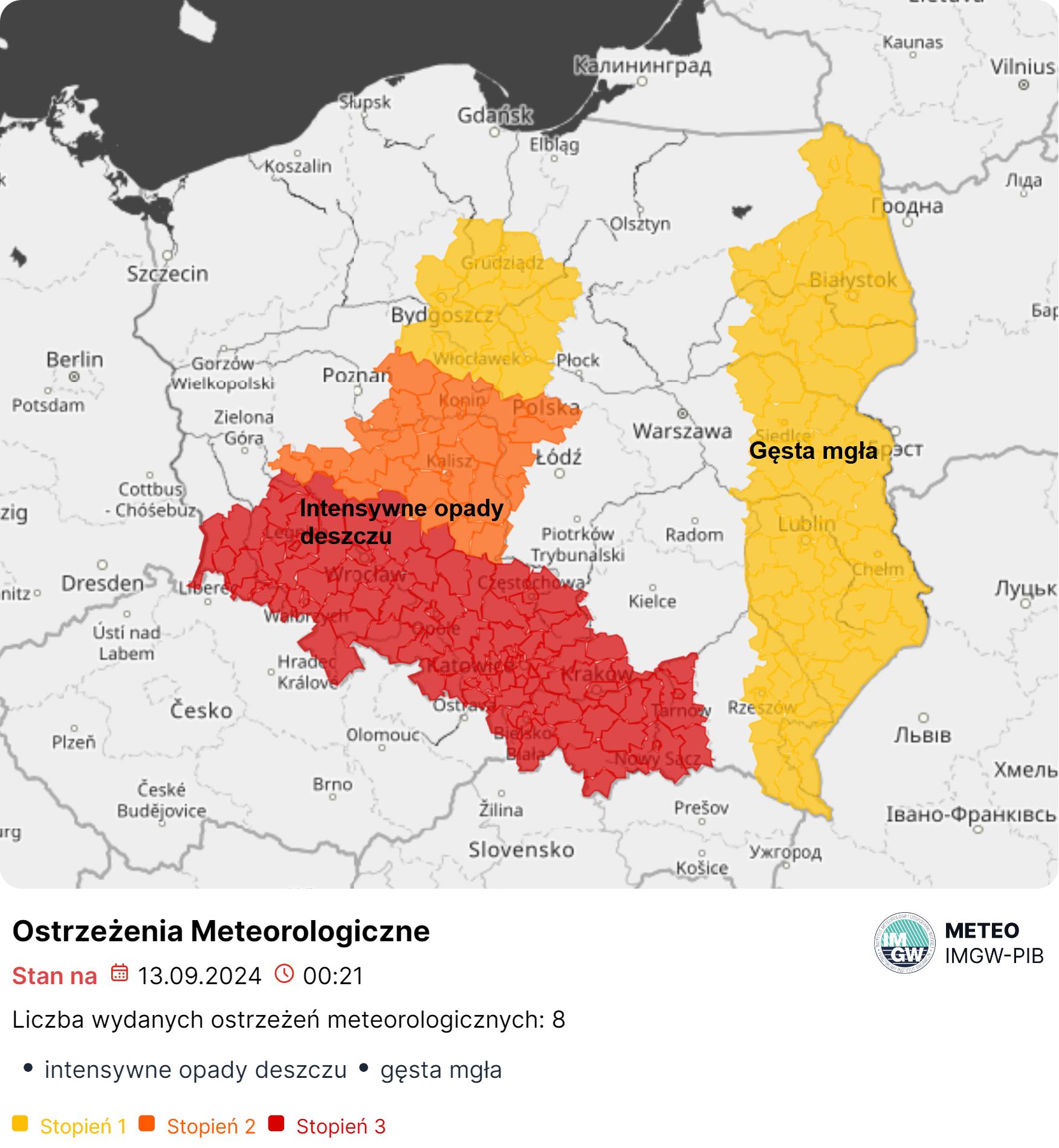 Mapa obowiązujących ostrzeżeń meteorologicznych. Źródło: IMGW-PIB