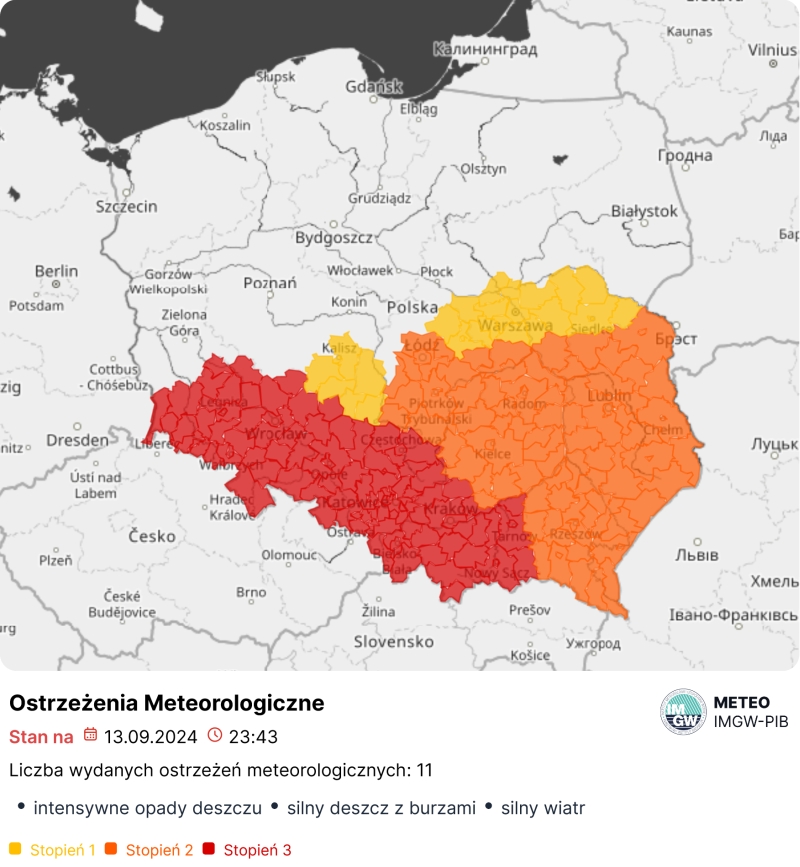 Mapa obowiązujących ostrzeżeń meteorologicznych. Źródło: IMGW-PIB