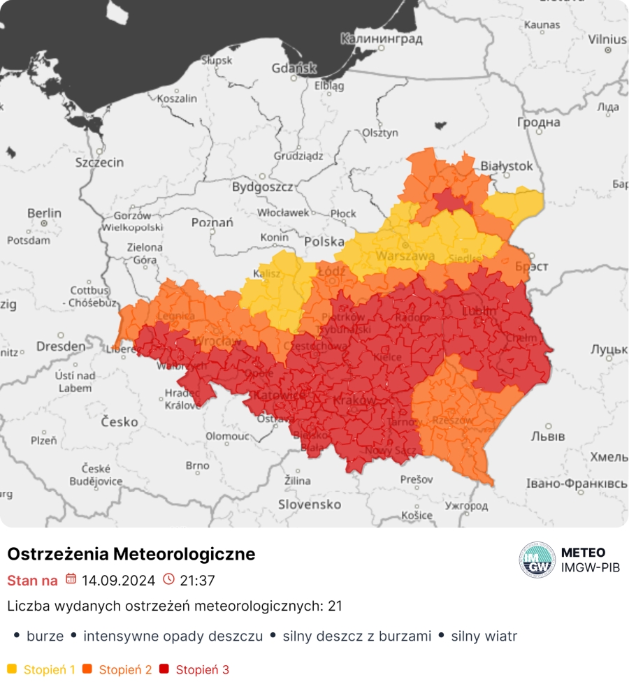 Mapa obowiązujących ostrzeżeń meteorologicznych. Źródło: IMGW-PIB