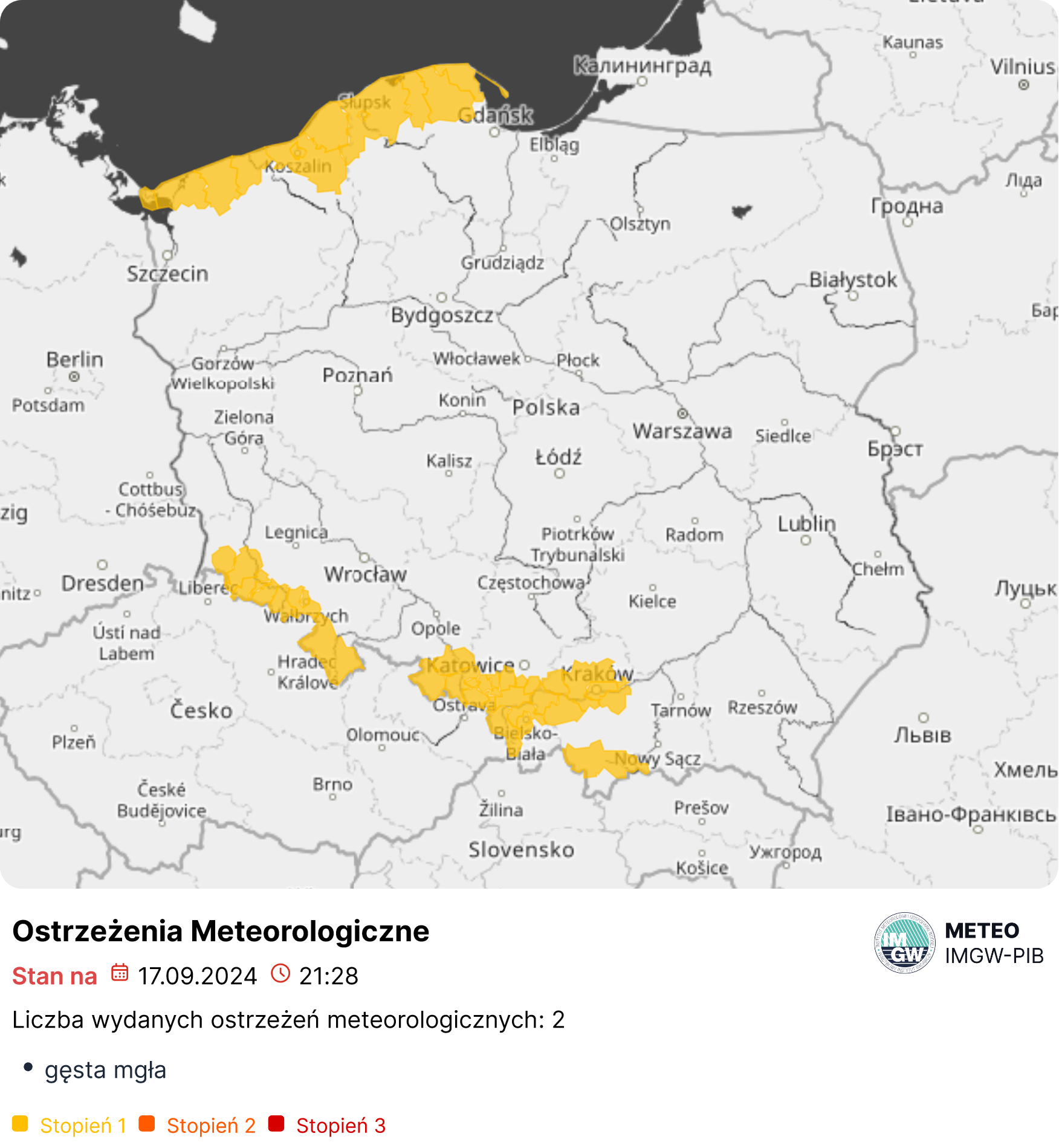 Mapa obowiązujących ostrzeżeń meteorologicznych. Źródło: IMGW-PIB.