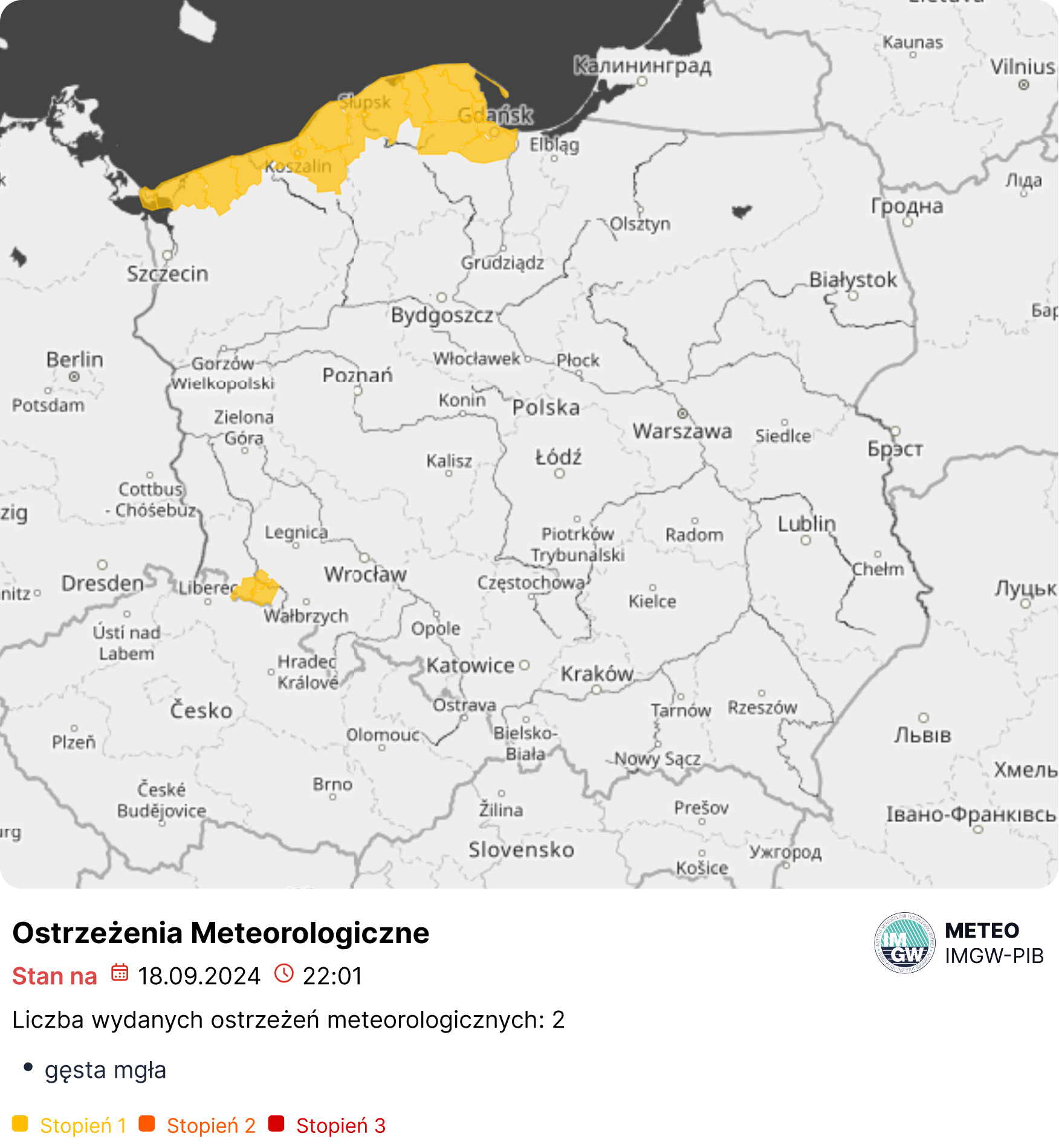 Mapa obowiązujących ostrzeżeń meteorologicznych. Źródło: IMGW-PIB.