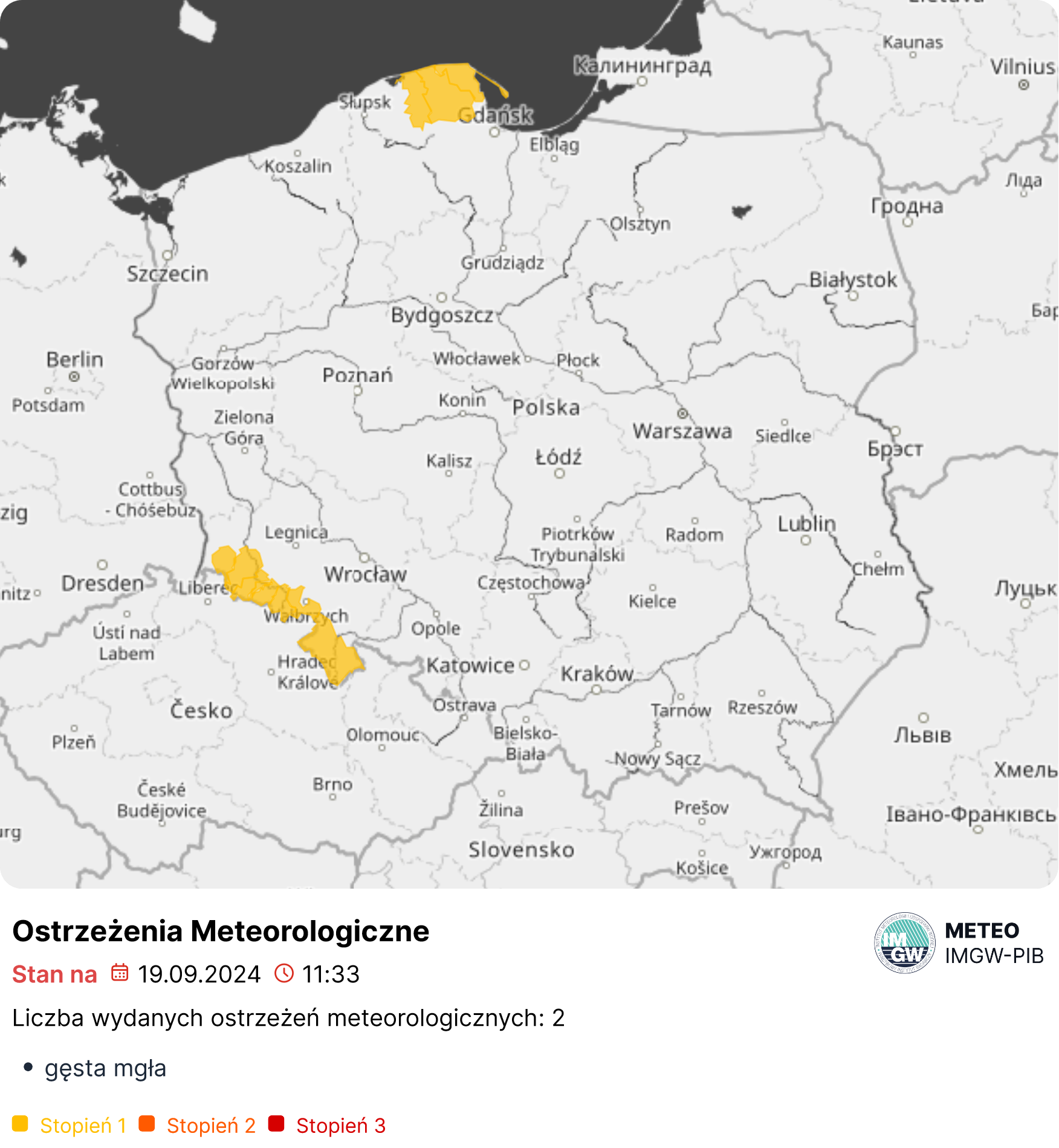 Mapa wydanych ostrzeżeń meteorologicznych. Źródło: IMGW-PIB.