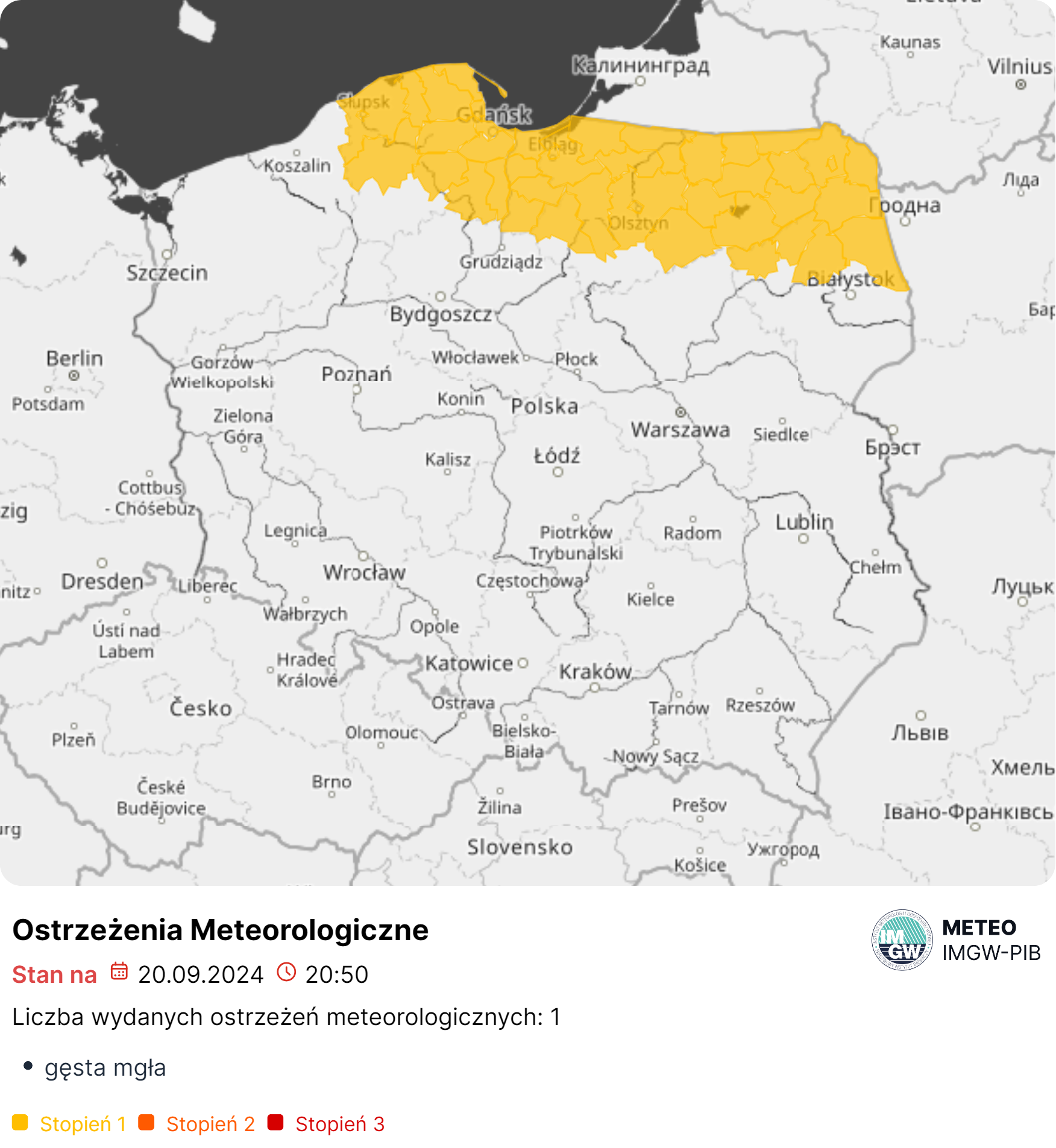 Mapa obowiązujących ostrzeżeń meteorologicznych. Źródło: IMGW-PIB. 