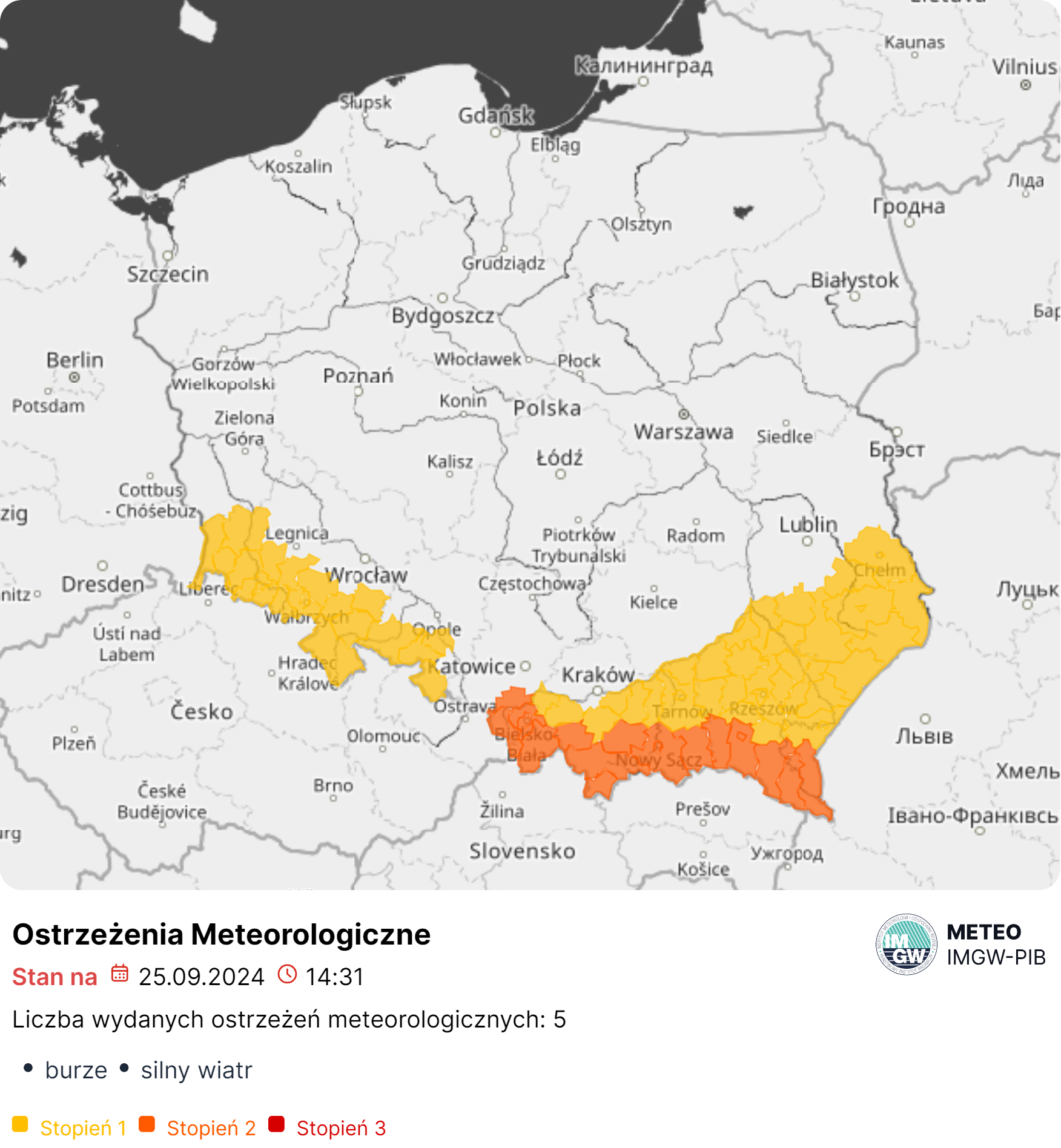 Mapa wydanych ostrzeżeń meteorologicznych. Źródło: IMGW-PIB.