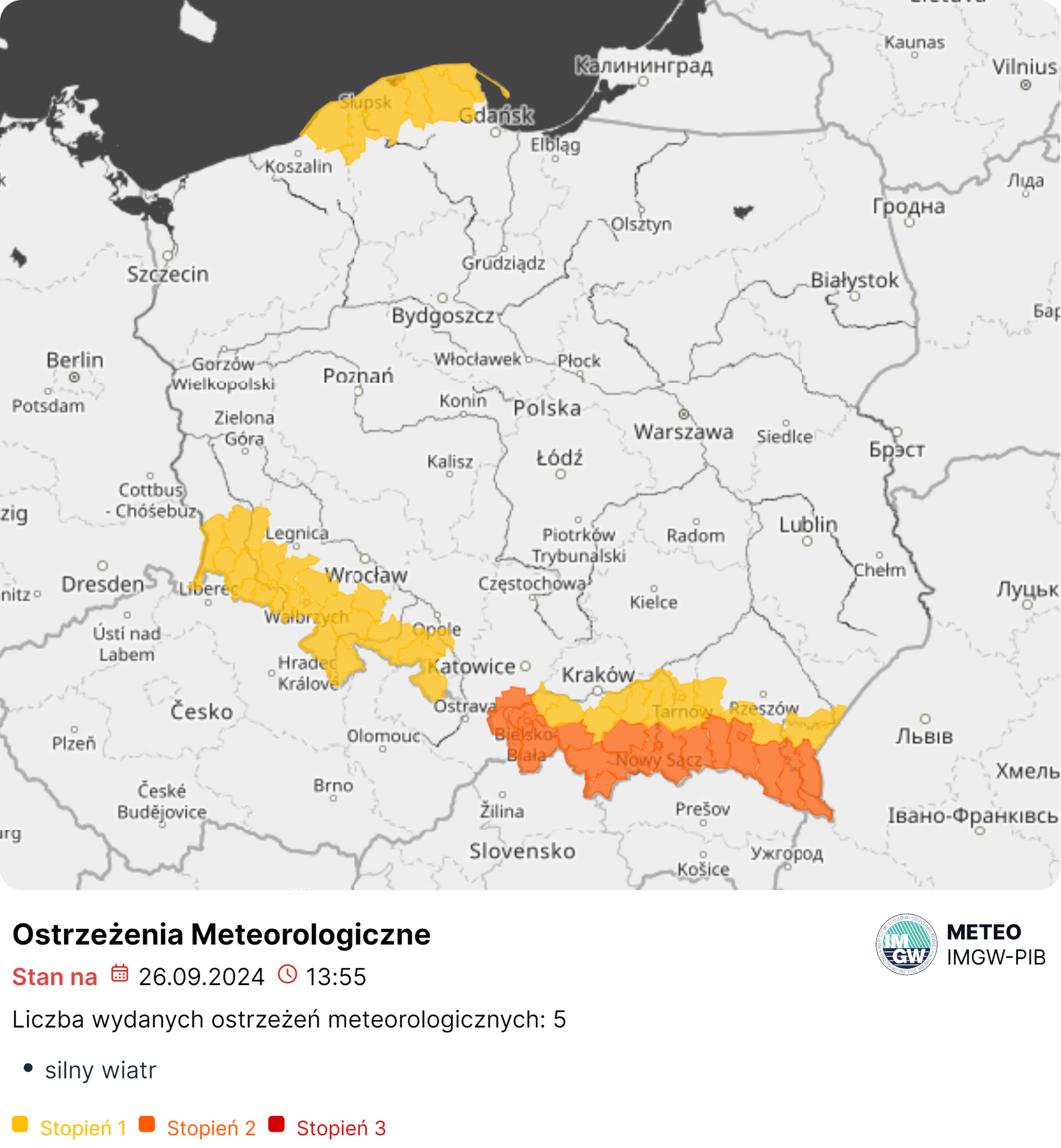 Mapa wydanych ostrzeżeń meteorologicznych. Źródło: IMGW-PIB.