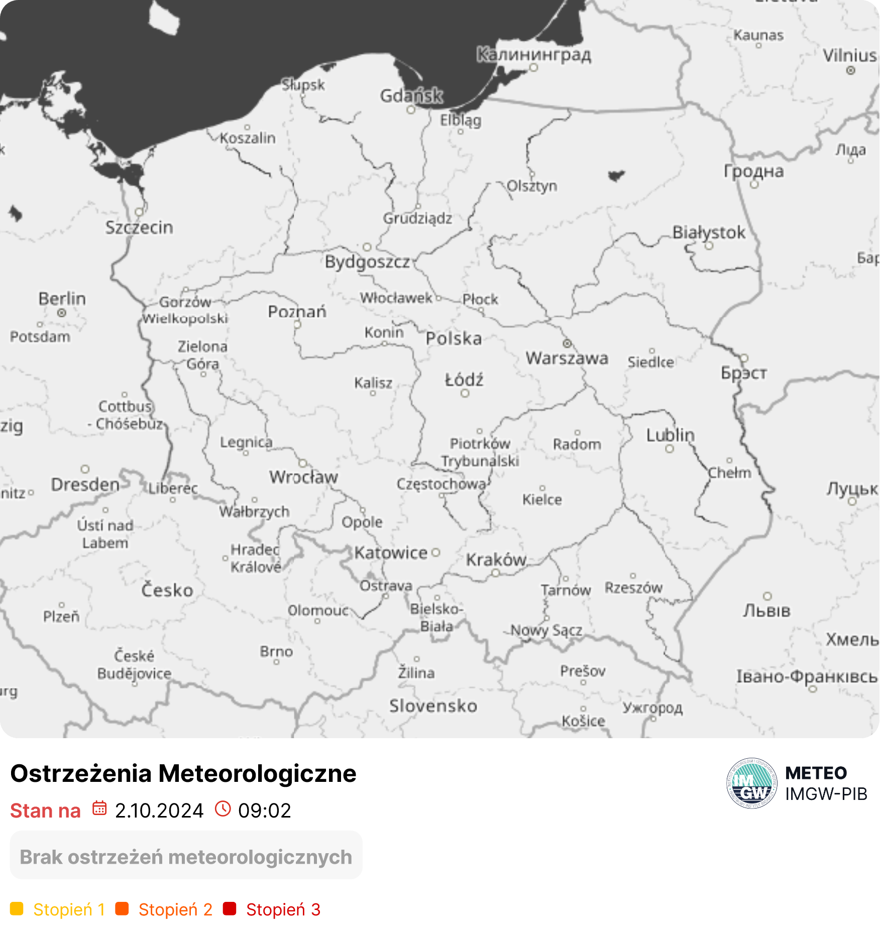 Mapa obowiązujących ostrzeżeń meteorologicznych. Źródło: IMGW-PIB.