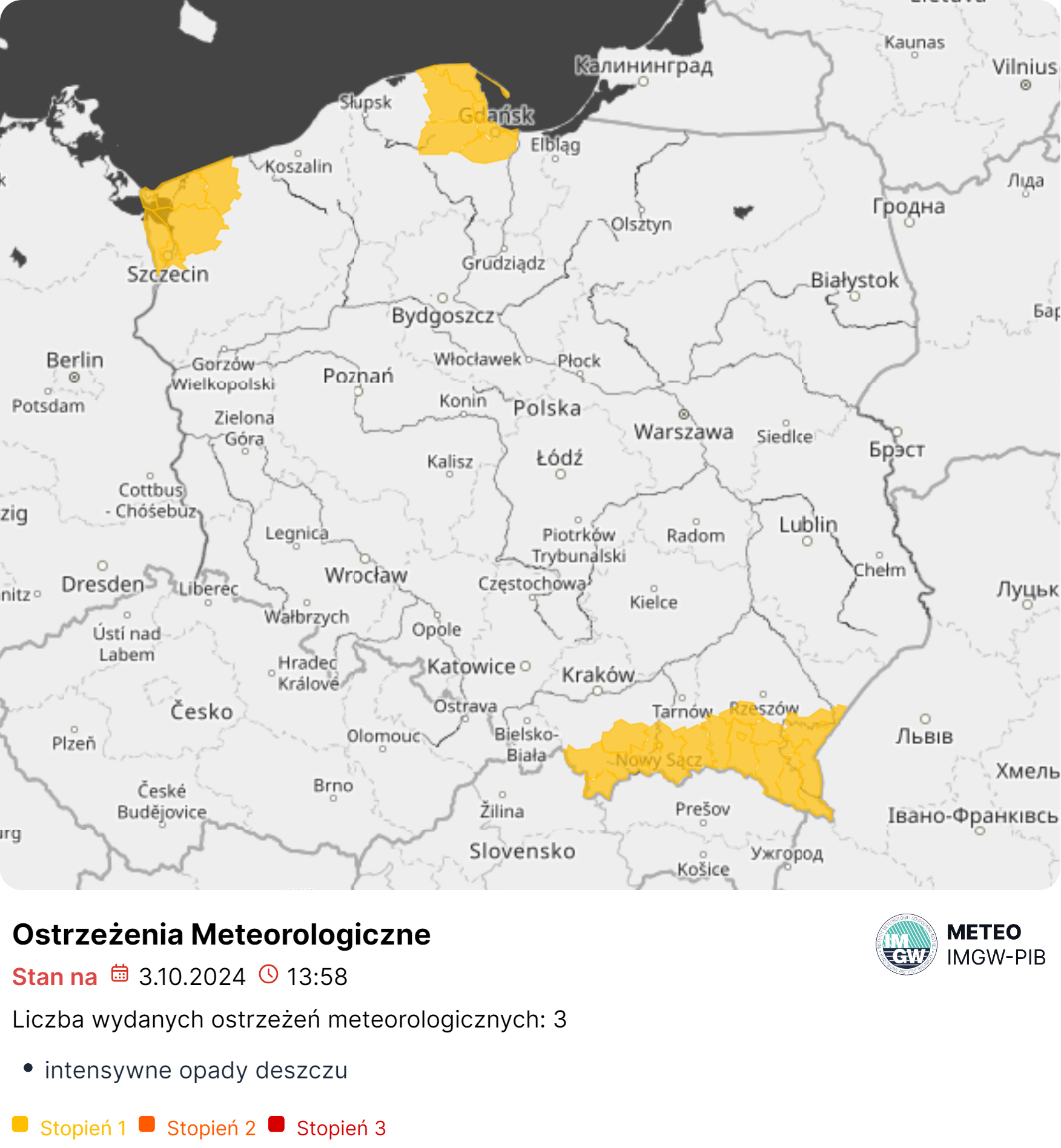 Mapa obowiązujących ostrzeżeń meteorologicznych. Źródło: IMGW-PIB.