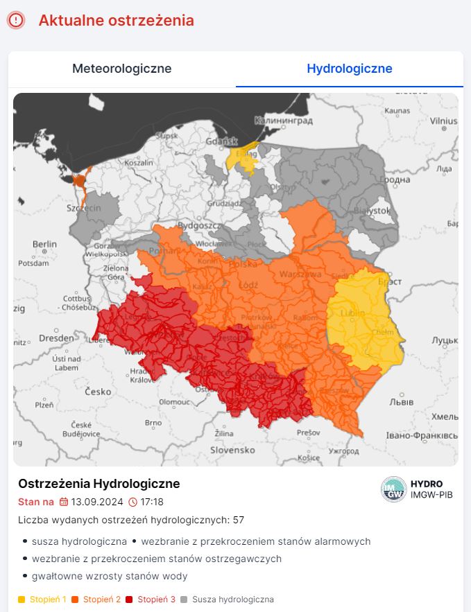 Mapa obowiązujących ostrzeżeń hydrologicznych. Źródło: IMGW-PIB