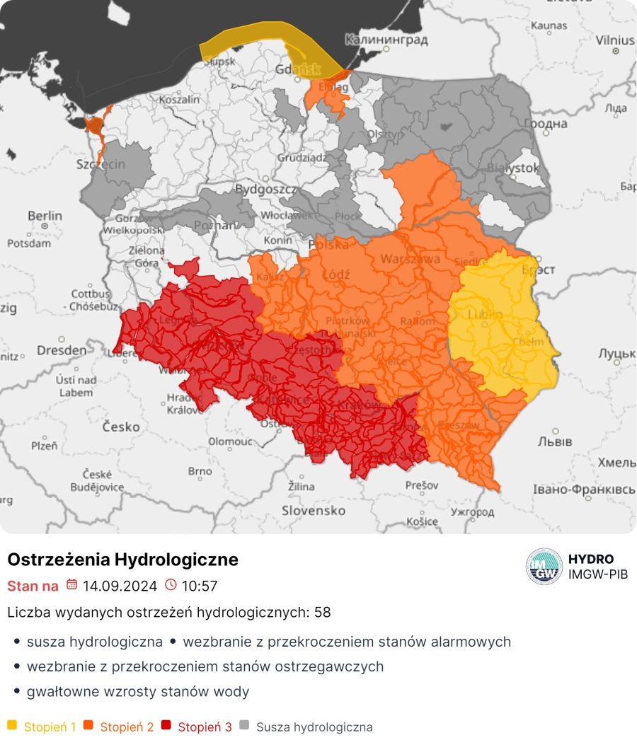 Mapa obowiązujących ostrzeżeń hydrologicznych. Źródło: IMGW-PIB