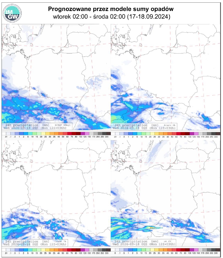 Prognozowana dobowa suma opadów od wtorku (17.09.2024) godz. 00 UTC do środy (18.09.2024) godz. 00UTC wg wyników modeli ECMWF 0.1°, Alaro 4 km, COSMO 7 km, UM 4 km.