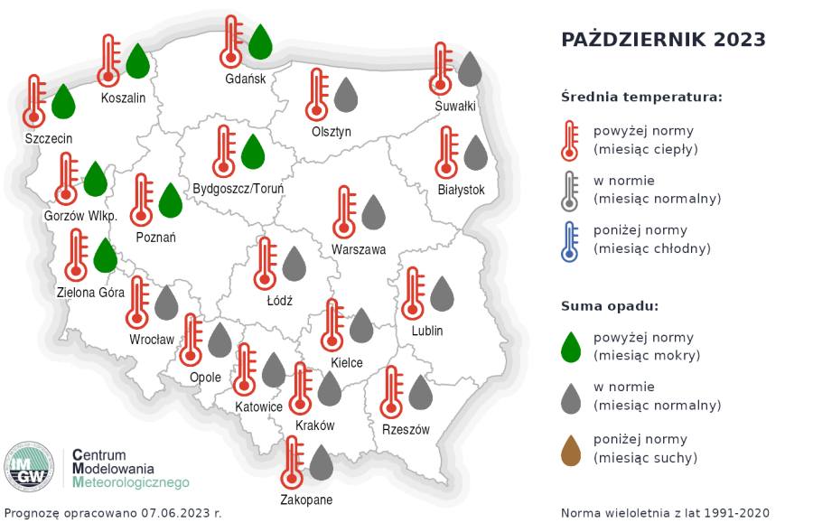 Prognoza średniej miesięcznej temperatury powietrza i miesięcznej sumy opadów atmosferycznych na październik 2023 r. dla wybranych miast w Polsce