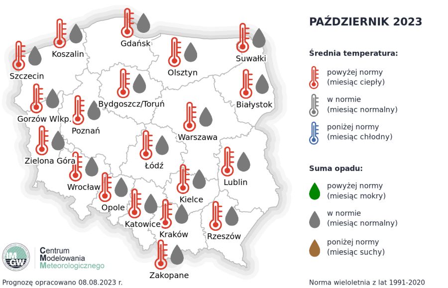 Rys.2. Prognoza średniej miesięcznej temperatury powietrza i miesięcznej sumy opadów atmosferycznych na październik 2023 r. dla wybranych miast w Polsce
