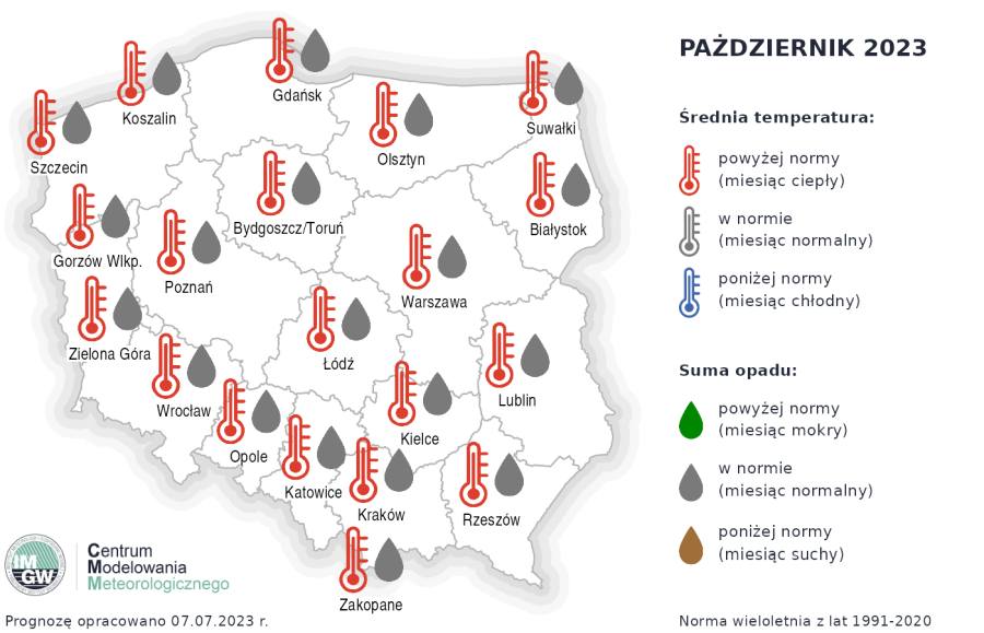 Prognoza średniej miesięcznej temperatury powietrza i miesięcznej sumy opadów atmosferycznych na październik 2023 r. dla wybranych miast w Polsce