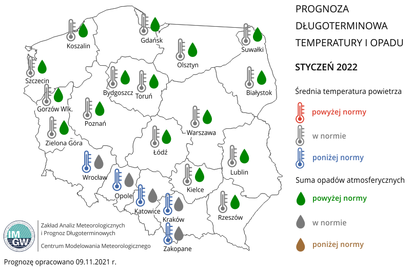 Rys. 2. Prognoza średniej miesięcznej temperatury powietrza i miesięcznej sumy opadów atmosferycznych na styczeń 2022 r. dla wybranych miast w Polsce
