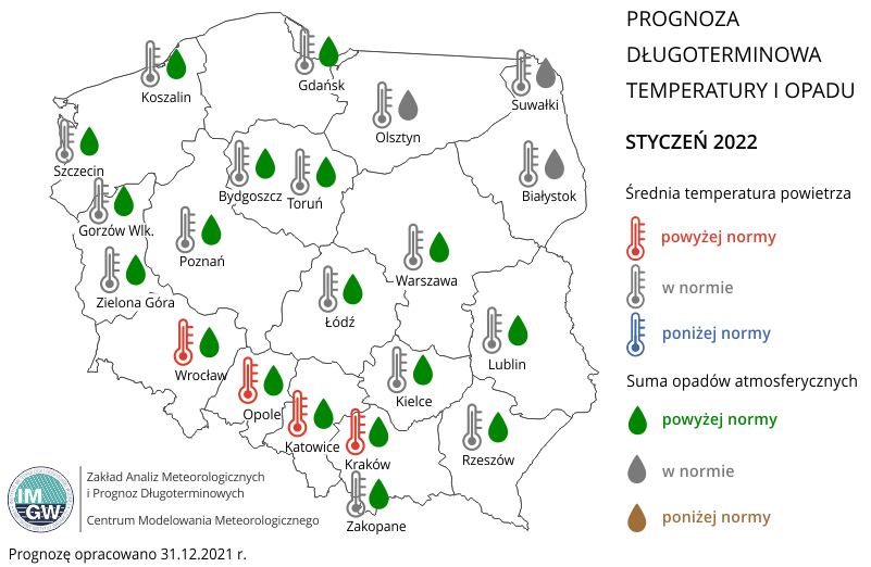 Rys. 1. Prognoza średniej miesięcznej temperatury powietrza i miesięcznej sumy opadów atmosferycznych na styczeń 2022 r. dla wybranych miast w Polsce