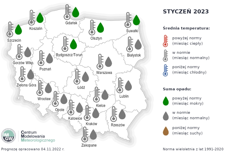 Rys.2. Prognoza średniej miesięcznej temperatury powietrza i miesięcznej sumy opadów atmosferycznych na styczeń 2023 r. dla wybranych miast w Polsce