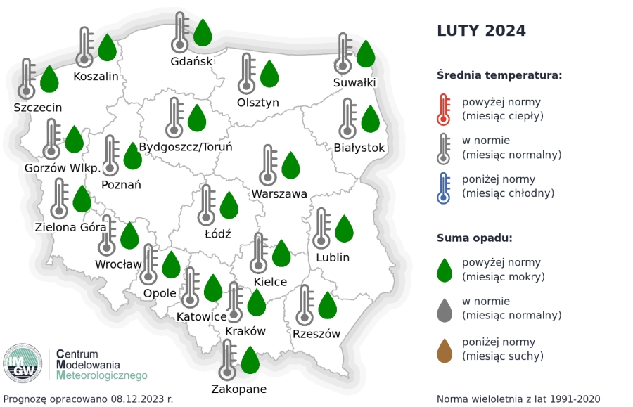 Rys.2. Prognoza średniej miesięcznej temperatury powietrza i miesięcznej sumy opadów atmosferycznych na luty 2024 r. dla wybranych miast w Polsce