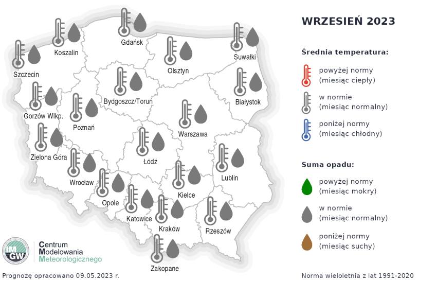 Rys. 4. Prognoza średniej miesięcznej temperatury powietrza i miesięcznej sumy opadów atmosferycznych na wrzesień 2023 r. dla wybranych miast w Polsce