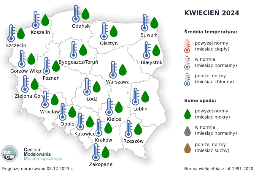 Rys. 4. Prognoza średniej miesięcznej temperatury powietrza i miesięcznej sumy opadów atmosferycznych na kwiecień 2024 r. dla wybranych miast w Polsce