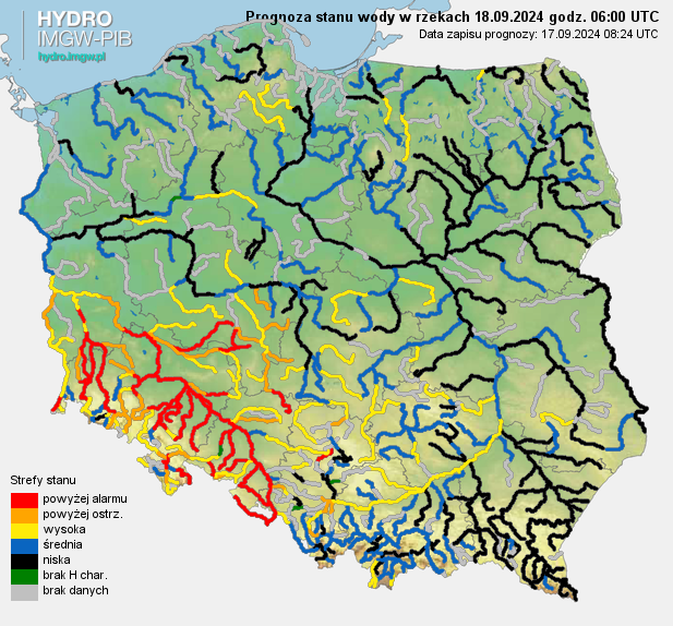 Prognozowana sytuacja hydrologiczna 18.09.2024 r. (06 UTC).