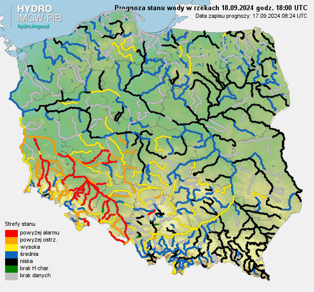 Prognozowana sytuacja hydrologiczna 18.09.2024 r. (18 UTC).