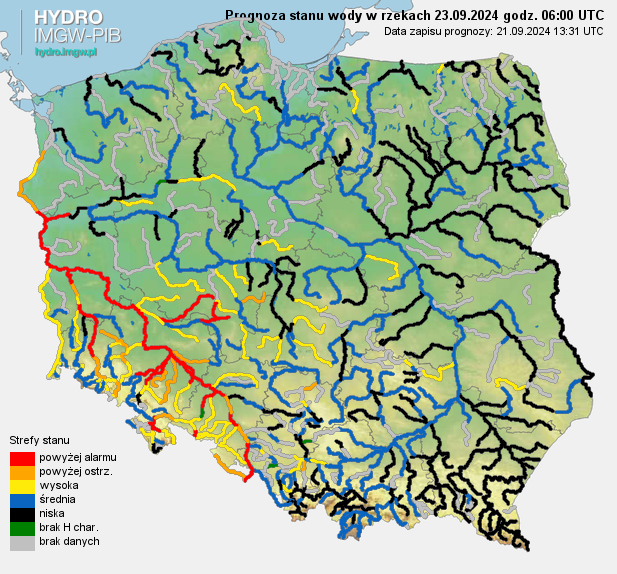 Prognozowana sytuacja hydrologiczna 23.09.2024 r. (06 UTC).