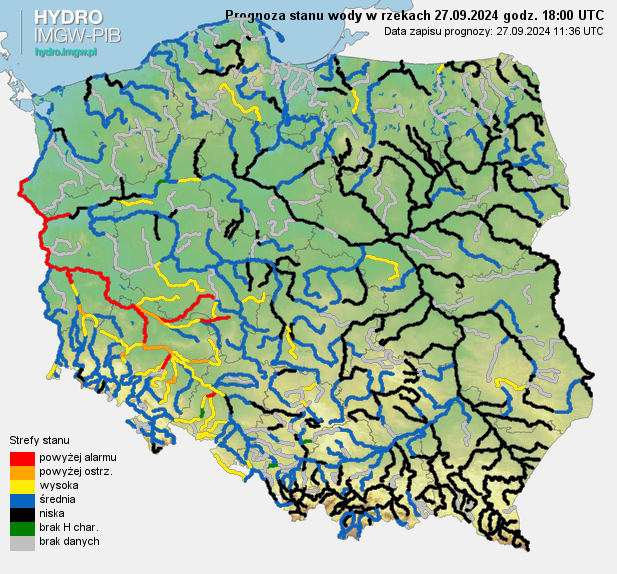 Prognozowana sytuacja hydrologiczna 27.09.2024 r. (18 UTC)