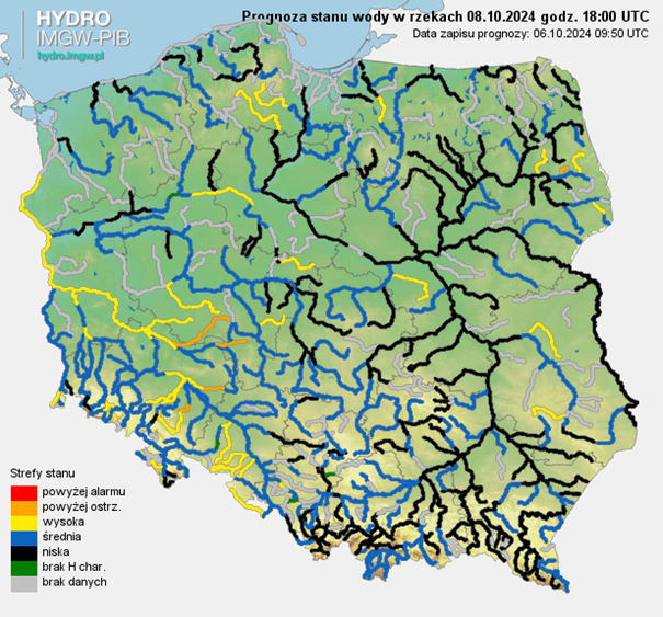 Prognozowana sytuacja hydrologiczna 08.10.2024 r. (18 UTC)