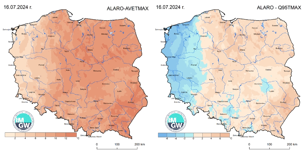 Anomalia prognozy TMAX (2024-07-16) względem notowanych charakterystyk wieloletnich (1991-2020): ALARO-AVETMAX – ALARO-wartość średnia TMAX (po lewej), ALARO-Q95TMAX – ALARO-kwantyl 95% TMAX (po prawej).
