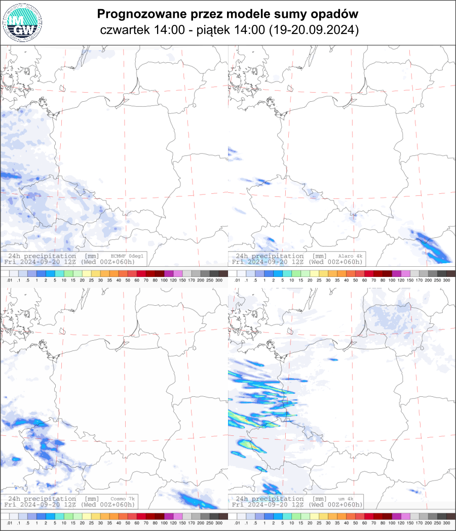 Prognozowana dobowa suma opadów na czwartek i piątek (19.09 12 UTC - 20.09 12 UTC) wg wyników modeli ECMWF 0.1°, Alaro 4 km, COSMO 7 km, UM 4 km.