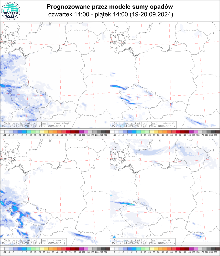 Prognozowana dobowa suma opadów na czwartek i piątek (19.09 12 UTC - 20.09 12 UTC) wg wyników modeli ECMWF 0.1°, Alaro 4 km, COSMO 7 km, UM 4 km.