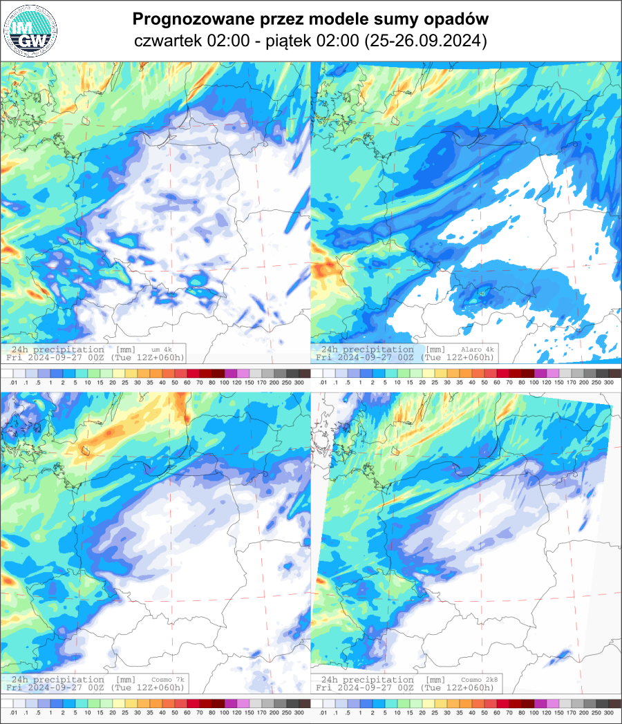 Prognozowana dobowa suma opadów na środę (25.09 00 UTC - 26.09 00 UTC) wg wyników modeli UM 4km, Alaro 4 km, COSMO 7 km, COSMO 2.8 km.