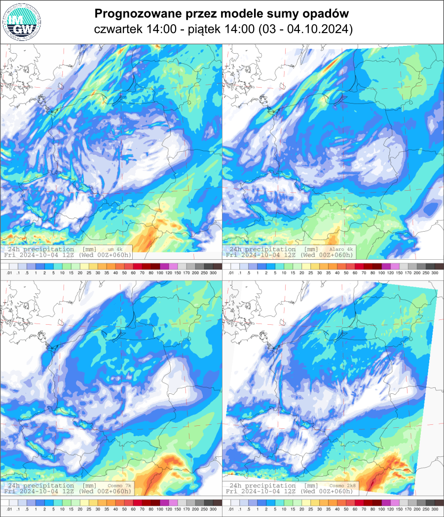 Prognozowana dobowa suma opadów na czwartek i piątek (03.10.2024, 12 UTC - 04.10.2024, 12 UTC) wg wyników modeli UM 4 km, Alaro 4 km, COSMO 7 km, COSMO 2.8 km.