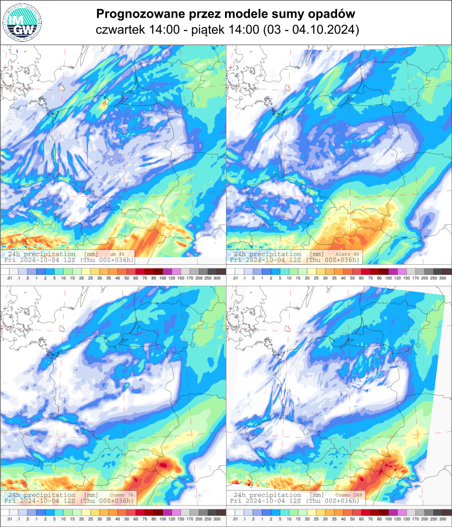 Prognozowana dobowa suma opadów na czwartek i piątek (03.10.2024, 12 UTC - 04.10.2024, 12 UTC) wg wyników modeli UM 4 km, Alaro 4 km, COSMO 7 km, COSMO 2.8 km.