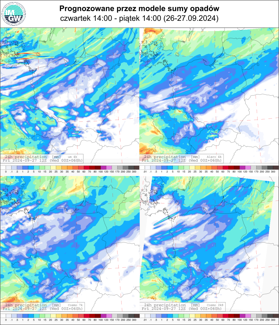 Prognozowana dobowa suma opadów na czwartek i piątek (26.09.2024, 12 UTC - 27.09.2024, 12 UTC) wg wyników modeli UM 4 km, Alaro 4 km, COSMO 7 km, COSMO 2.8 km.