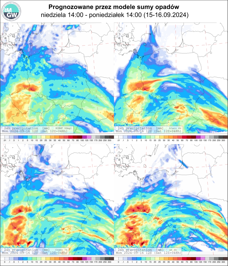 Prognozowana dobowa suma opadów od niedzieli (15.09.2024) godz. 12 UTC do poniedziałku (16.09.2024) godz. 12 UTC wg wyników modeli ECMWF 0.1°, Alaro 4 km, COSMO 7 km, UM 4 km.