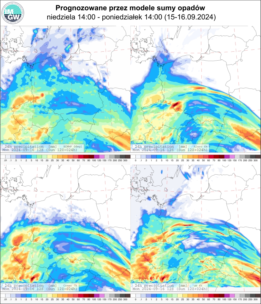 Prognozowana dobowa suma opadów od niedzieli (15.09.2024) godz. 12 UTC do poniedziałku (16.09.2024) godz. 12 UTC wg wyników modeli ECMWF 0.1°, Alaro 4 km, COSMO 7 km, UM 4 km.