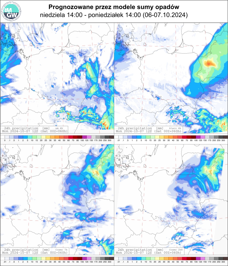 Prognozowana dobowa suma opadów na niedzielę i poniedziałek (06.10.2024, 12 UTC - 07.10.2024, 12 UTC) wg wyników modeli UM 4 km, Alaro 4 km, COSMO 7 km, COSMO 2.8 km.