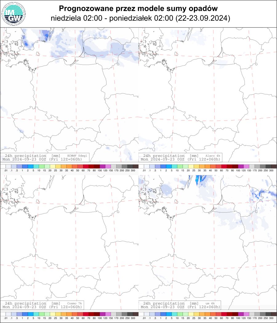 Prognozowana dobowa suma opadów na niedzielę (22.09 02 UTC - 23.09 02 UTC) wg wyników modeli ECMWF 0.1°, Alaro 4 km, COSMO 7 km, UM 4 km. 