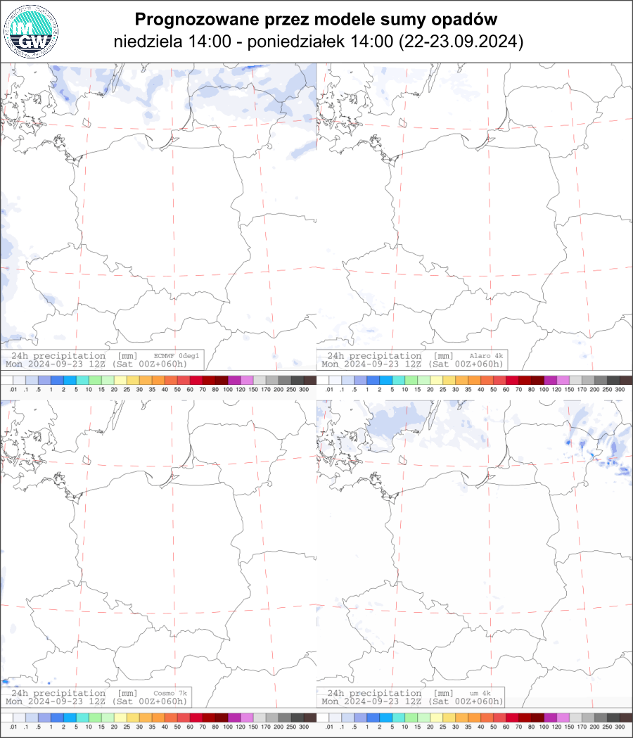 Prognozowana dobowa suma opadów na niedzielę i poniedziałek (22.09.2024, 12 UTC - 23.09.2024, 12 UTC) wg wyników modeli ECMWF 0.1°, Alaro 4 km, COSMO 7 km, UM 4 km.