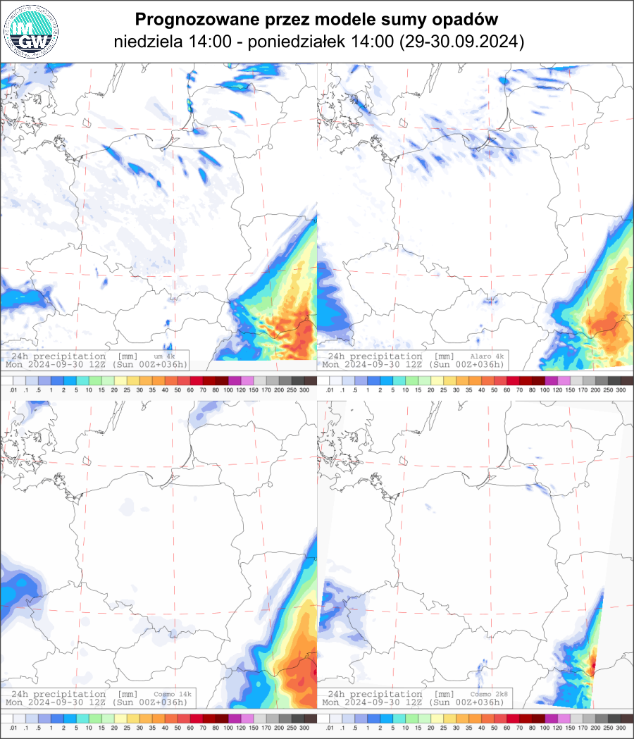 Prognozowana dobowa suma opadów na niedzielę i poniedziałek (29.09.2024, 12 UTC - 30.09.2024, 12 UTC) wg wyników modeli UM 4 km, Alaro 4 km, COSMO 14 km, COSMO 2.8 km.