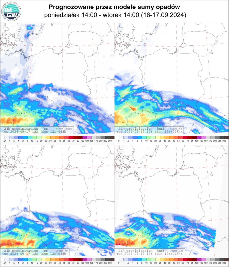 Prognozowana dobowa suma opadów od poniedziałku (16.09.2024) godz. 12 UTC do wtorku (17.09.2024) godz. 12 UTC wg wyników modeli ECMWF 0.1°, Alaro 4 km, COSMO 7 km, Cosmo 2.8 km.