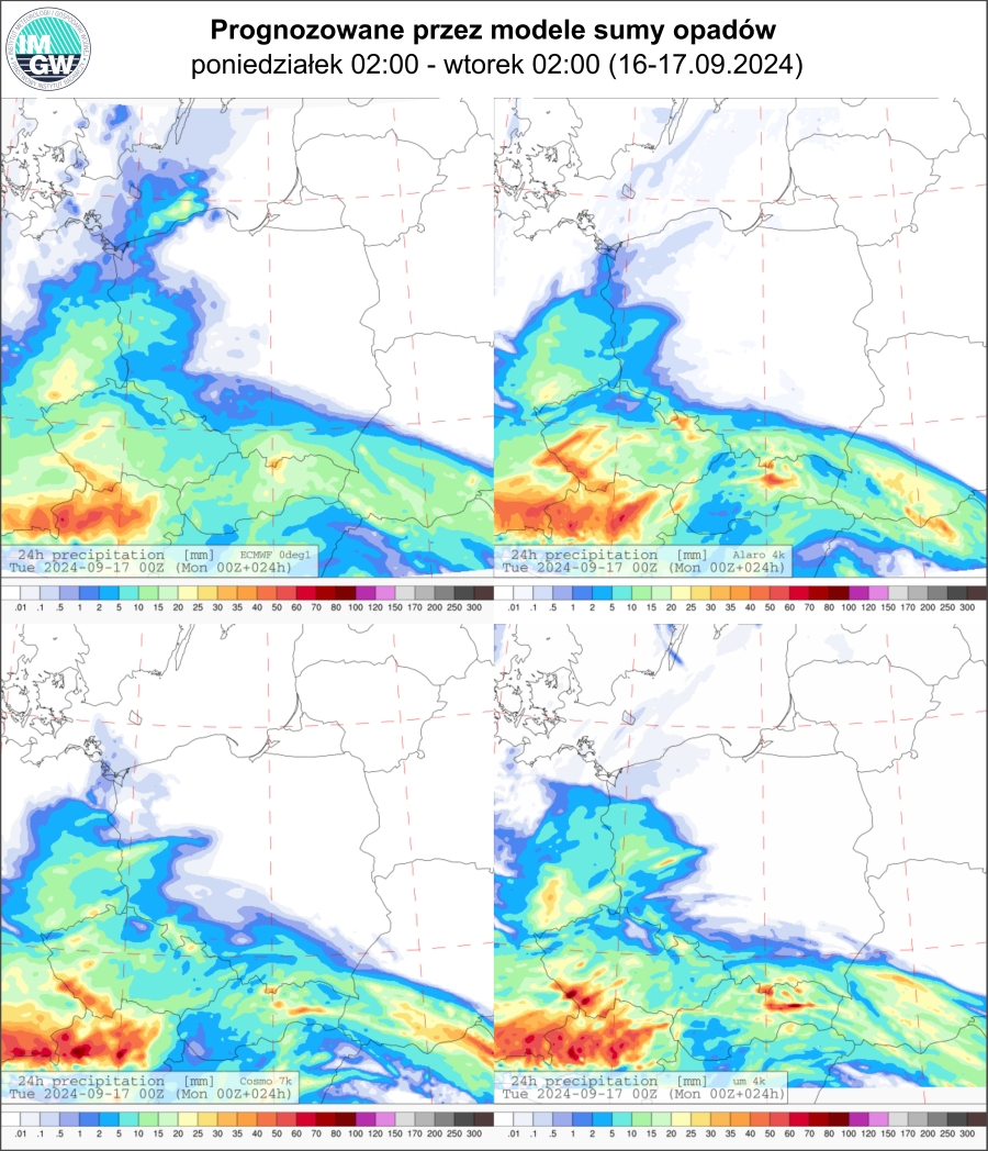 Prognozowana dobowa suma opadów na poniedziałek (16.09 00 UTC - 17.09 00 UTC) wg wyników modeli ECMWF 0.1°, Alaro 4 km, COSMO 7 km, UM 4 km.