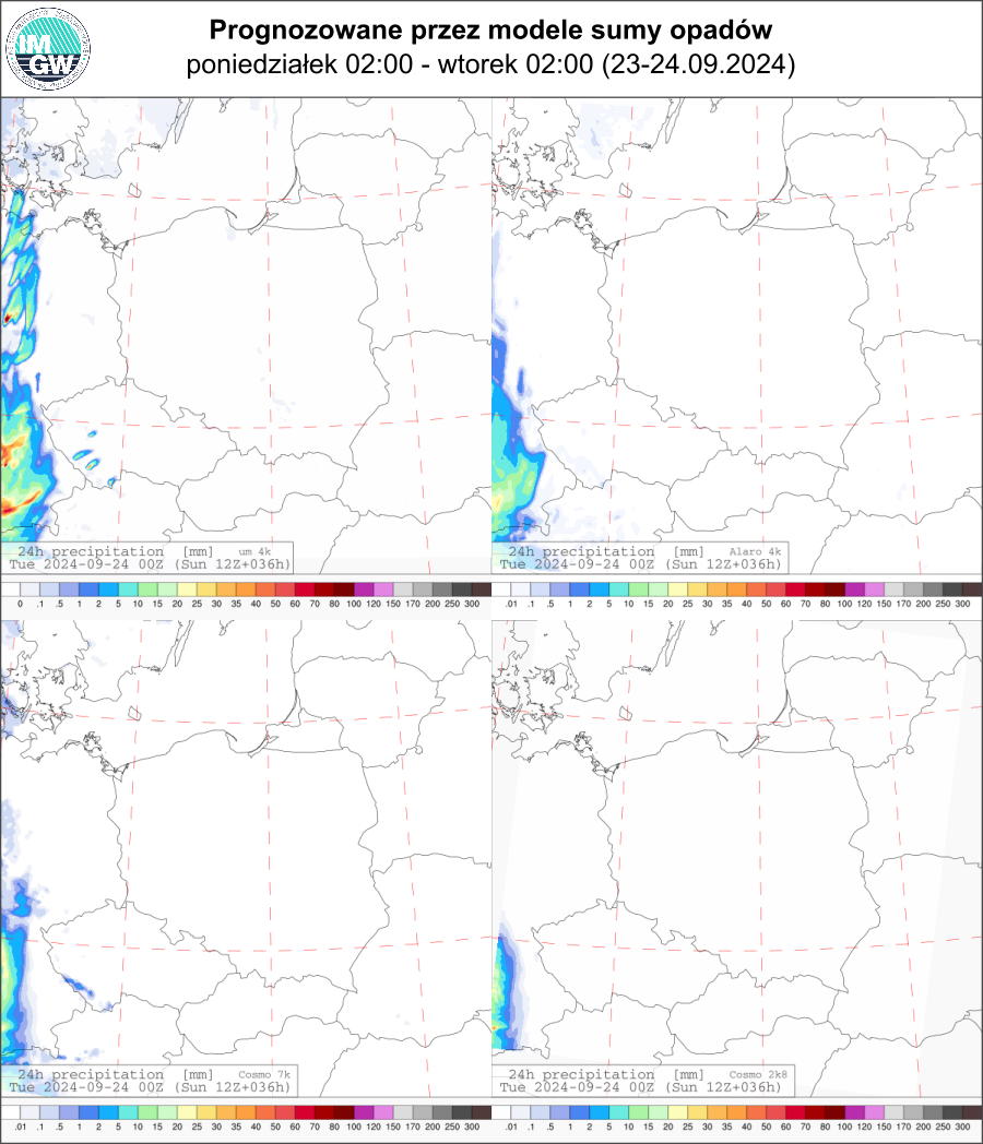 Prognozowana dobowa suma opadów na poniedziałek (23.09 00 UTC - 24.09 00 UTC) wg wyników modeli ECMWF 0.1°, Alaro 4 km, COSMO 7 km, UM 4 km.