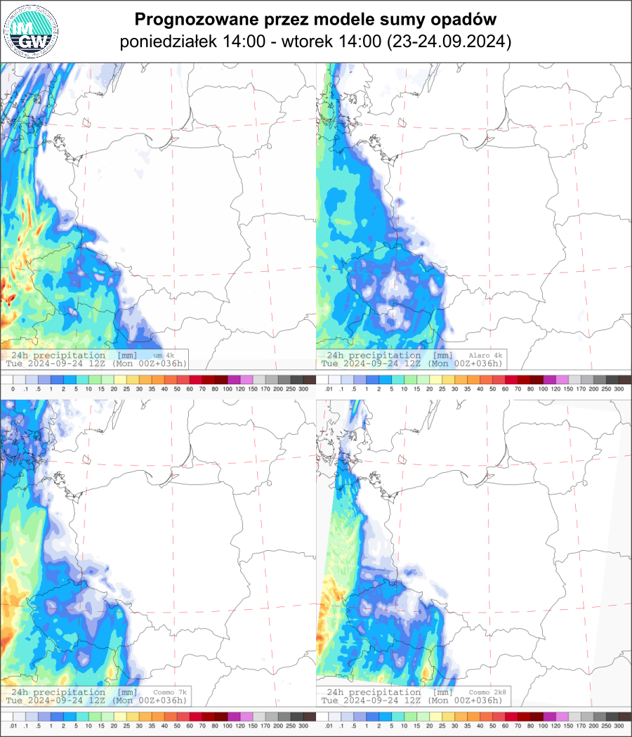 Prognozowana dobowa suma opadów na poniedziałek i wtorek (23.09.2024, 12 UTC - 24.09.2024, 12 UTC) wg  wyników modeli UM 3 km, Alaro 4 km, COSMO 7 km, COSMO 2.8 km.