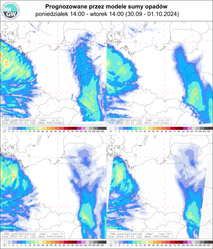 Prognozowana dobowa suma opadów na poniedziałek i wtorek (30.09.2024, 12 UTC - 01.10.2024, 12 UTC) wg wyników modeli UM 4 km, Alaro 4 km, COSMO 7 km, COSMO 2.8 km.