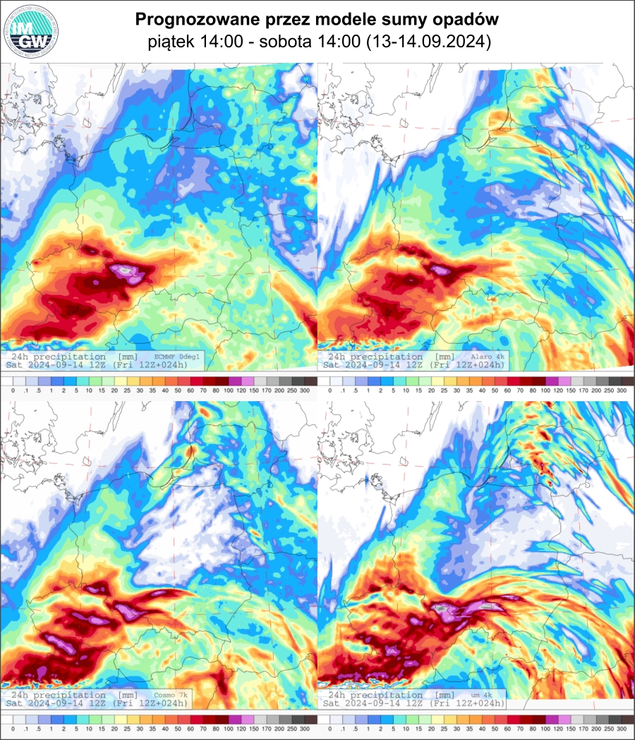 Prognozowana dobowa suma opadów od piątku (13.09.2024) godz. 12 UTC do soboty (14.09.2024) godz. 12 UTC wg wyników modeli ECMWF 0.1°, Alaro 4 km, COSMO 7 km, UM 4 km.