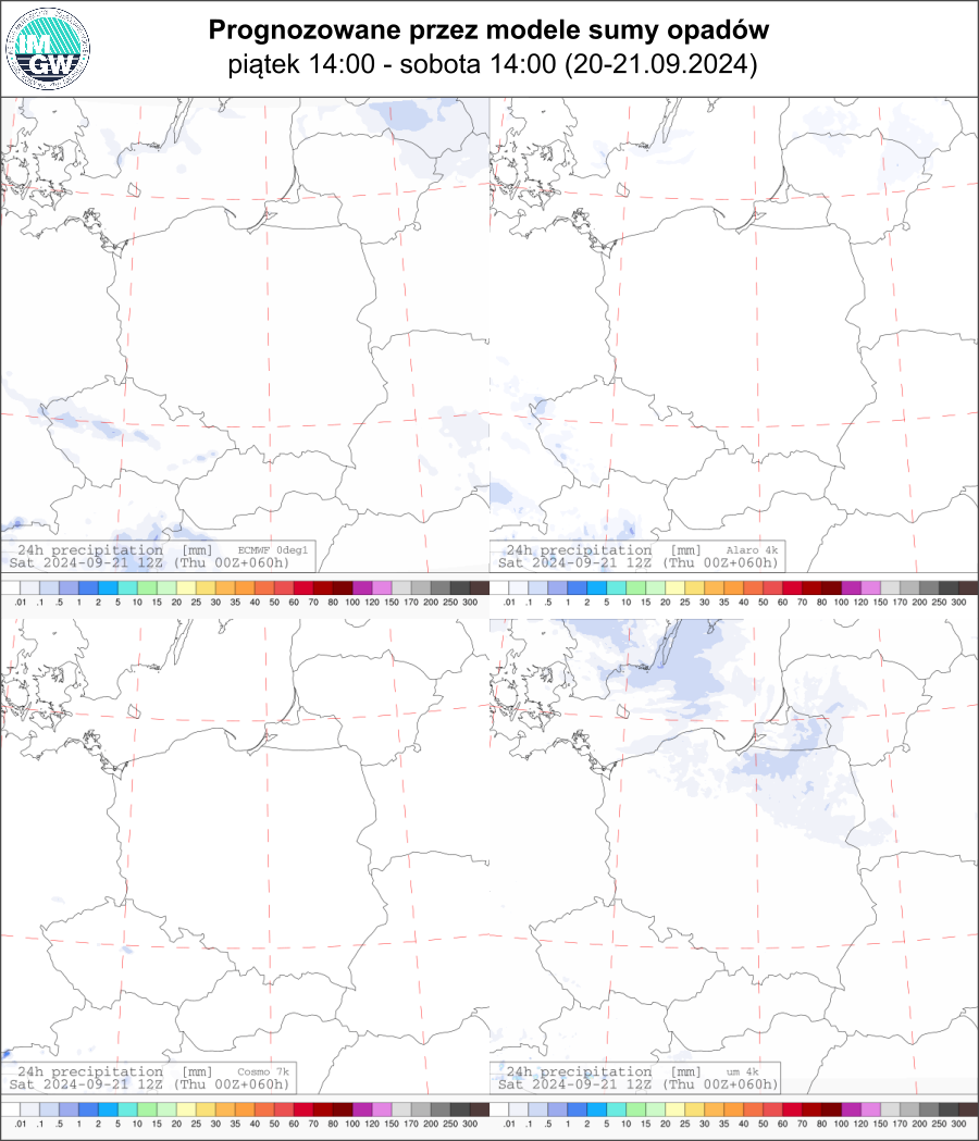 Prognozowana dobowa suma opadów na piątek i sobotę (20.09 12 UTC - 21.09 12 UTC) wg wyników modeli ECMWF 0.1°, Alaro 4 km, COSMO 7 km, UM 4 km.