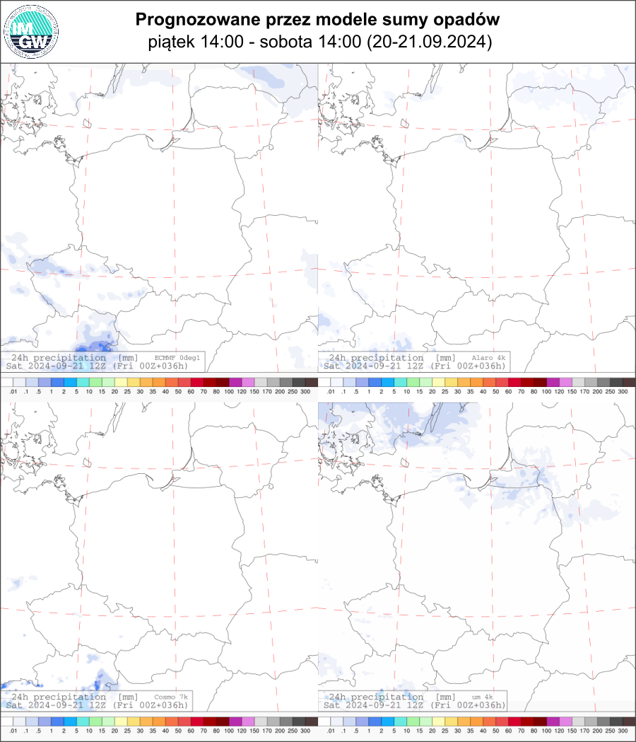 Prognozowana dobowa suma opadów na piątek i sobotę (20.09.2024, 12 UTC - 21.09.2024, 12 UTC) wg wyników modeli ECMWF 0.1°, Alaro 4 km, COSMO 7 km, UM 4 km.