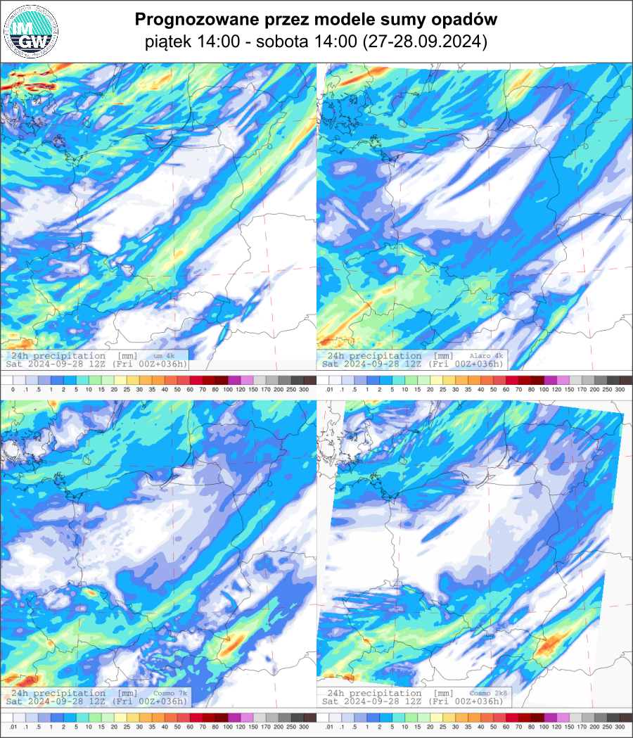 Prognozowana dobowa suma opadów na piątek i sobotę (27.09.2024, 12 UTC - 28.09.2024, 12 UTC) wg wyników modeli UM 4 km, Alaro 4 km, COSMO 7 km, COSMO 2.8 km.